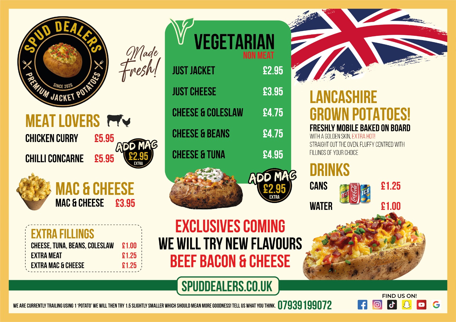 The Spud Dealers menu: meat lovers, vegetarian jacket potatoes, mac and cheese, extra fillings and drinks with prices
