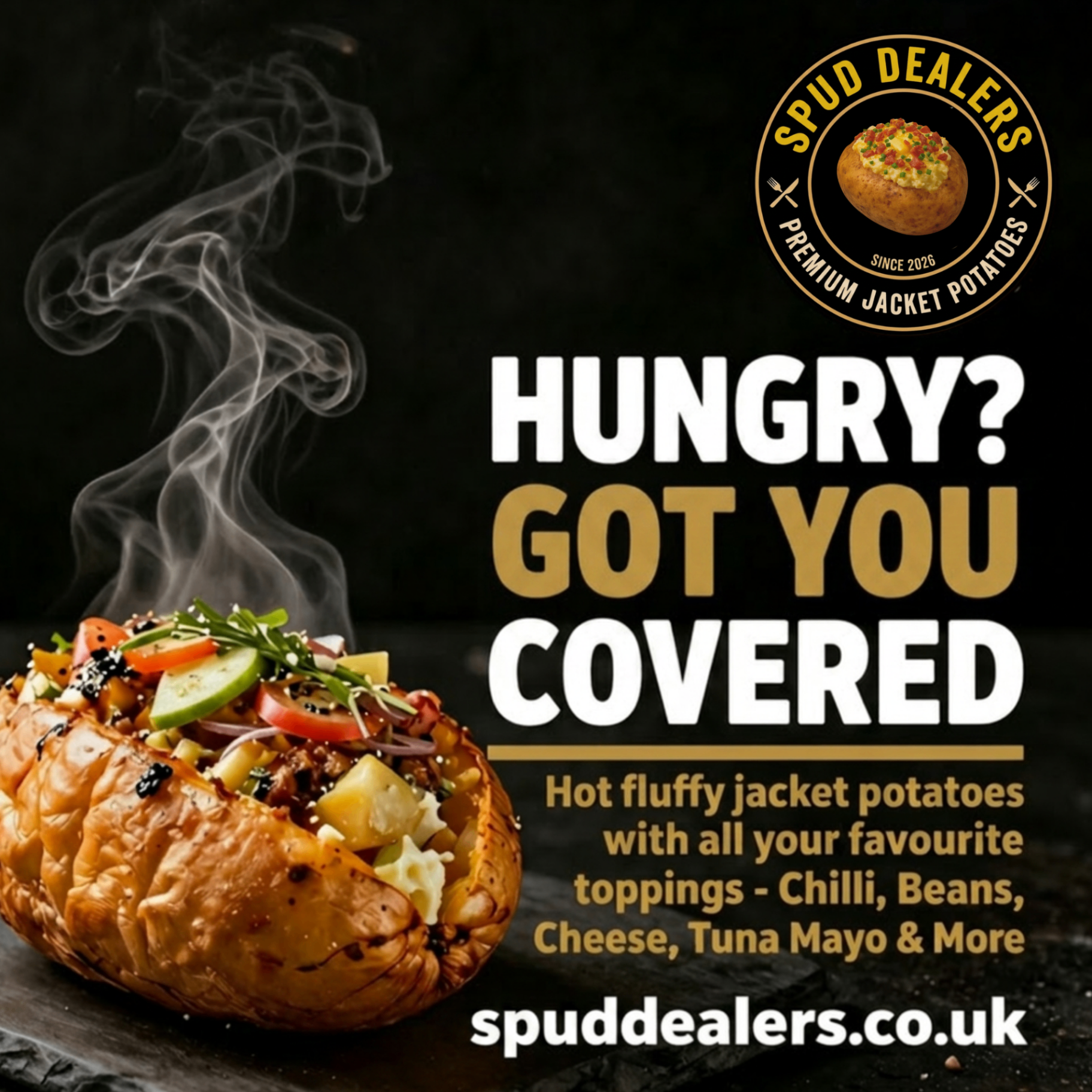 Hungry? Got you covered — hot fluffy jacket potatoes with all your favourite toppings