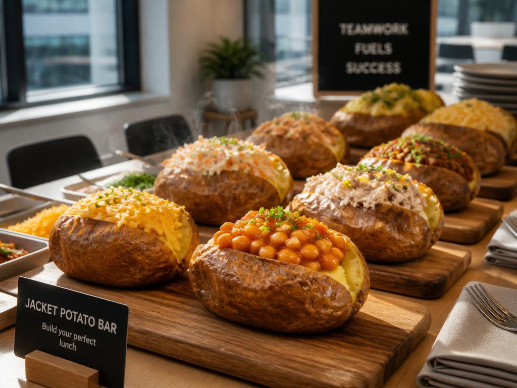 Buffet-style spread of jacket potatoes with cheese, beans, tuna, coleslaw and chili toppings — office catering setup